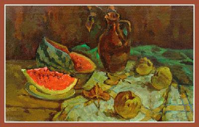 14001 "Still life with water-melon" (oil on canvas, 18"x30", 1979) Russian Art Exhibition in Art Danish 2005